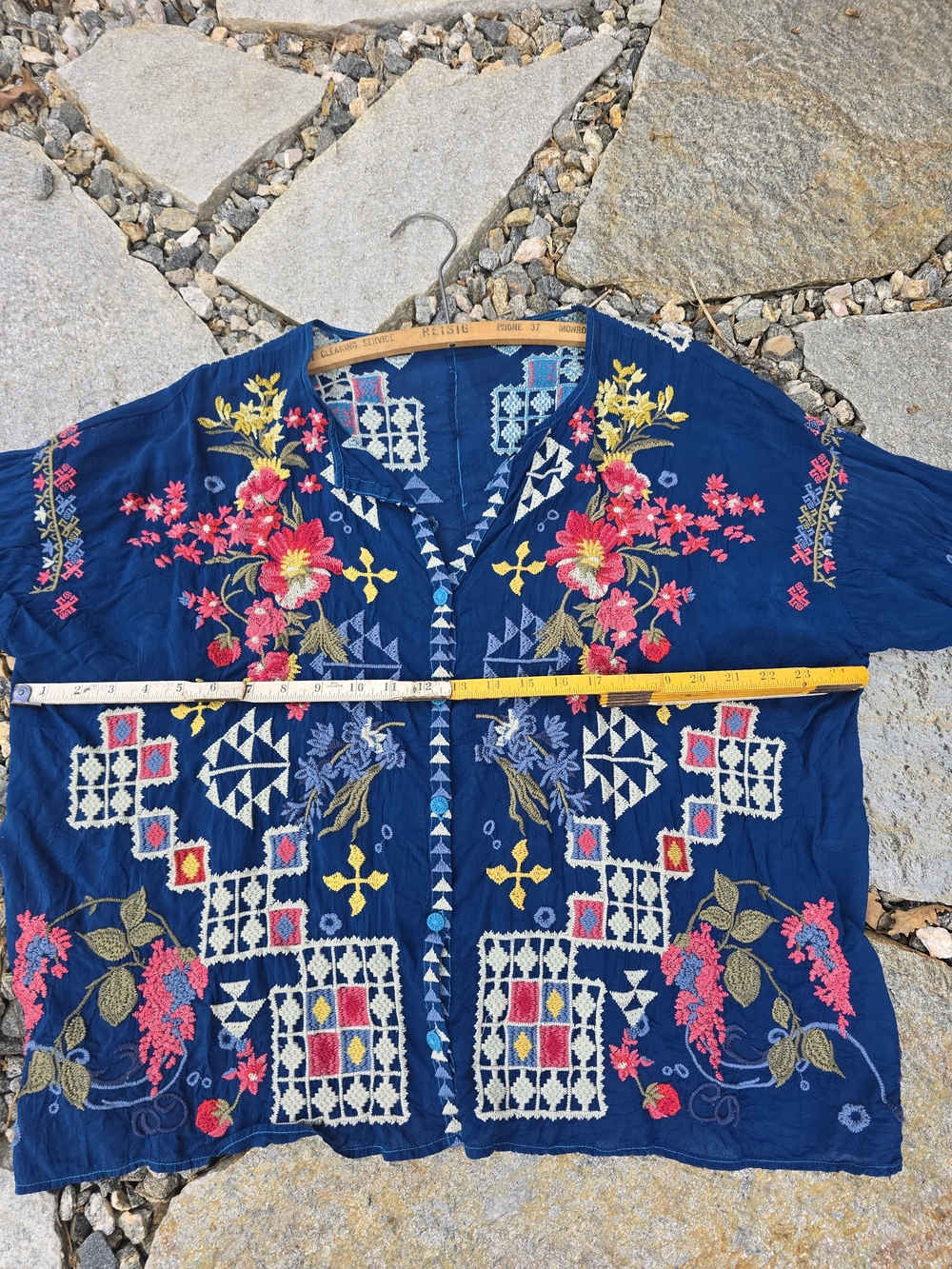 Embroidered Navy Floral Button-Front Women’s Top - Picture 7 of 9